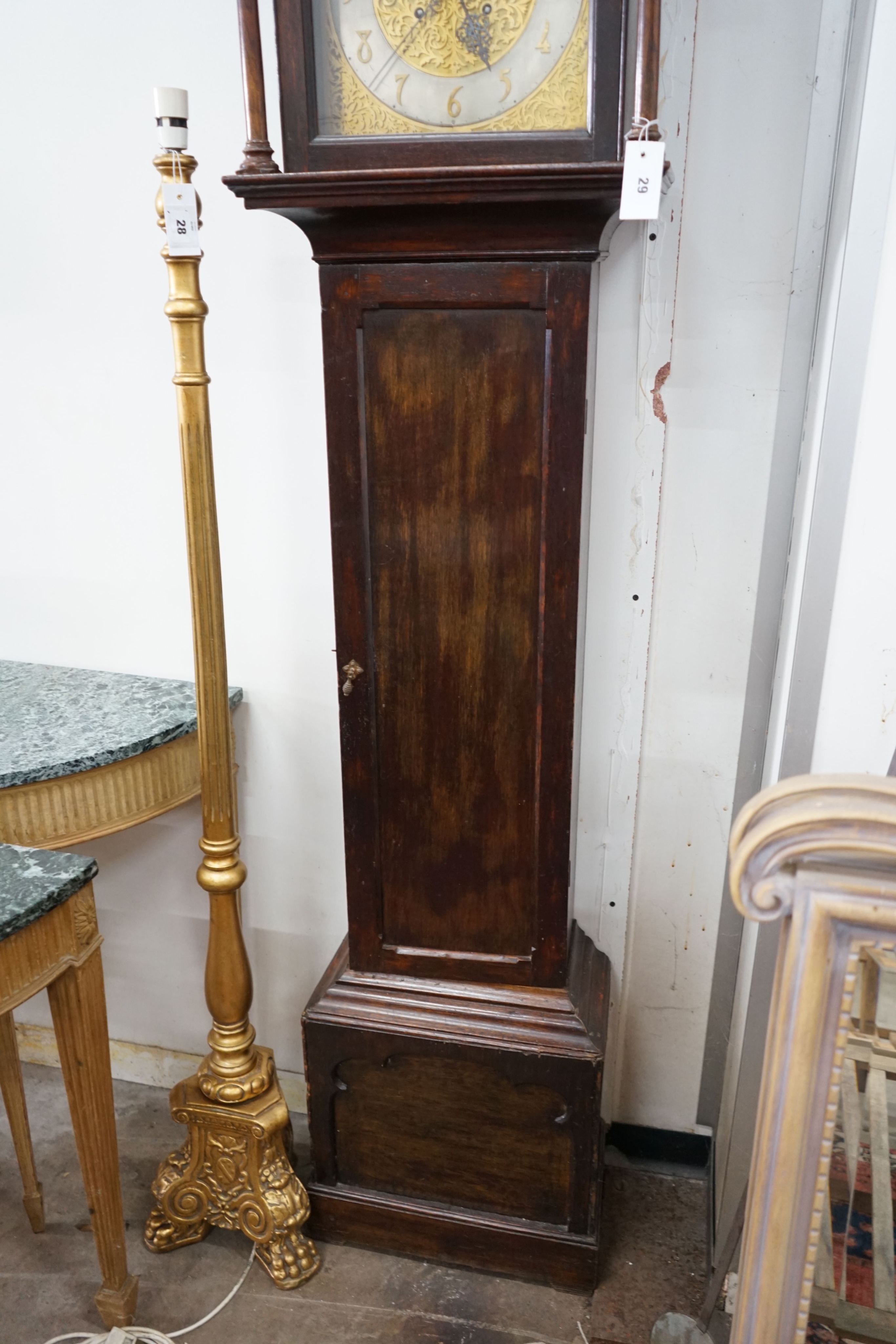 A George III style oak cased longcase clock with silvered chapter ring, height 197cm